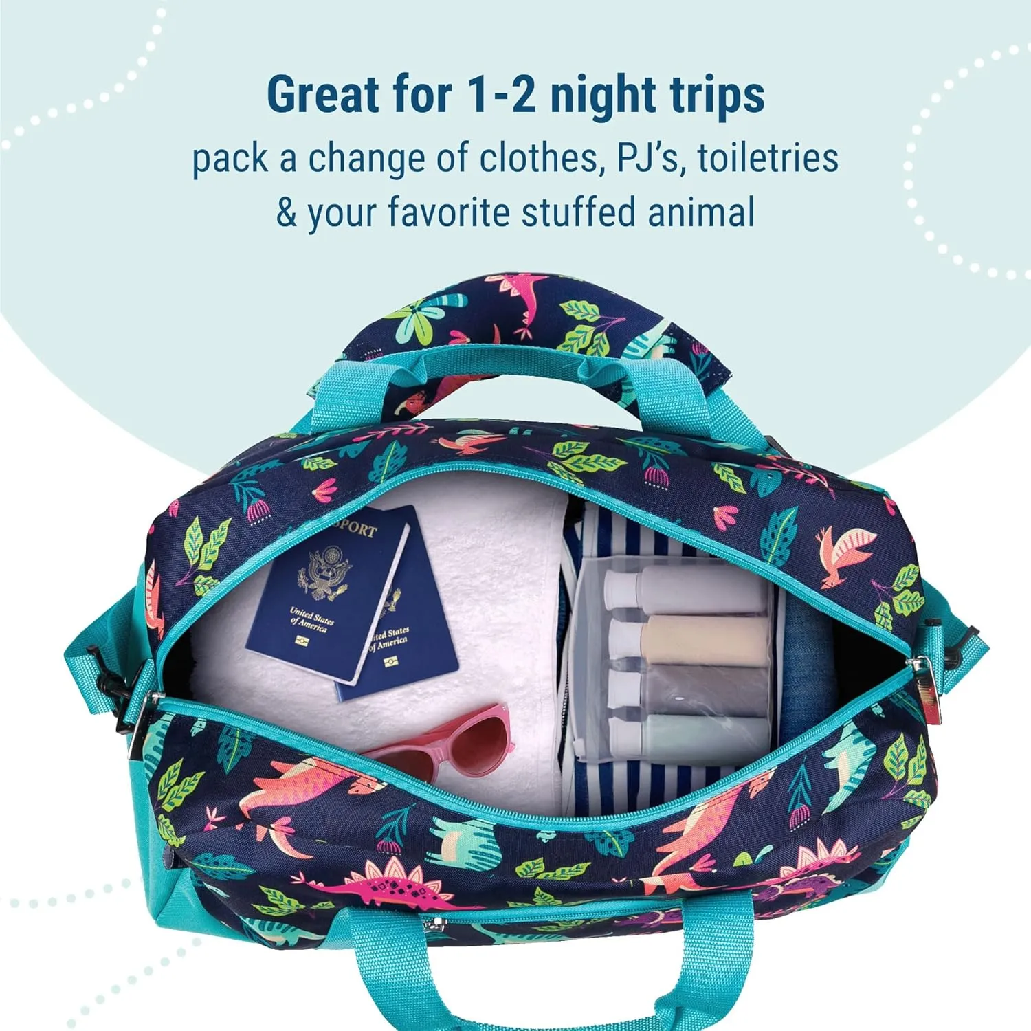 Wildkin Kids Overnighter Duffel Bag – Carry-On Size, Ideal for School & Sleepovers – Darling Dinosaurs
