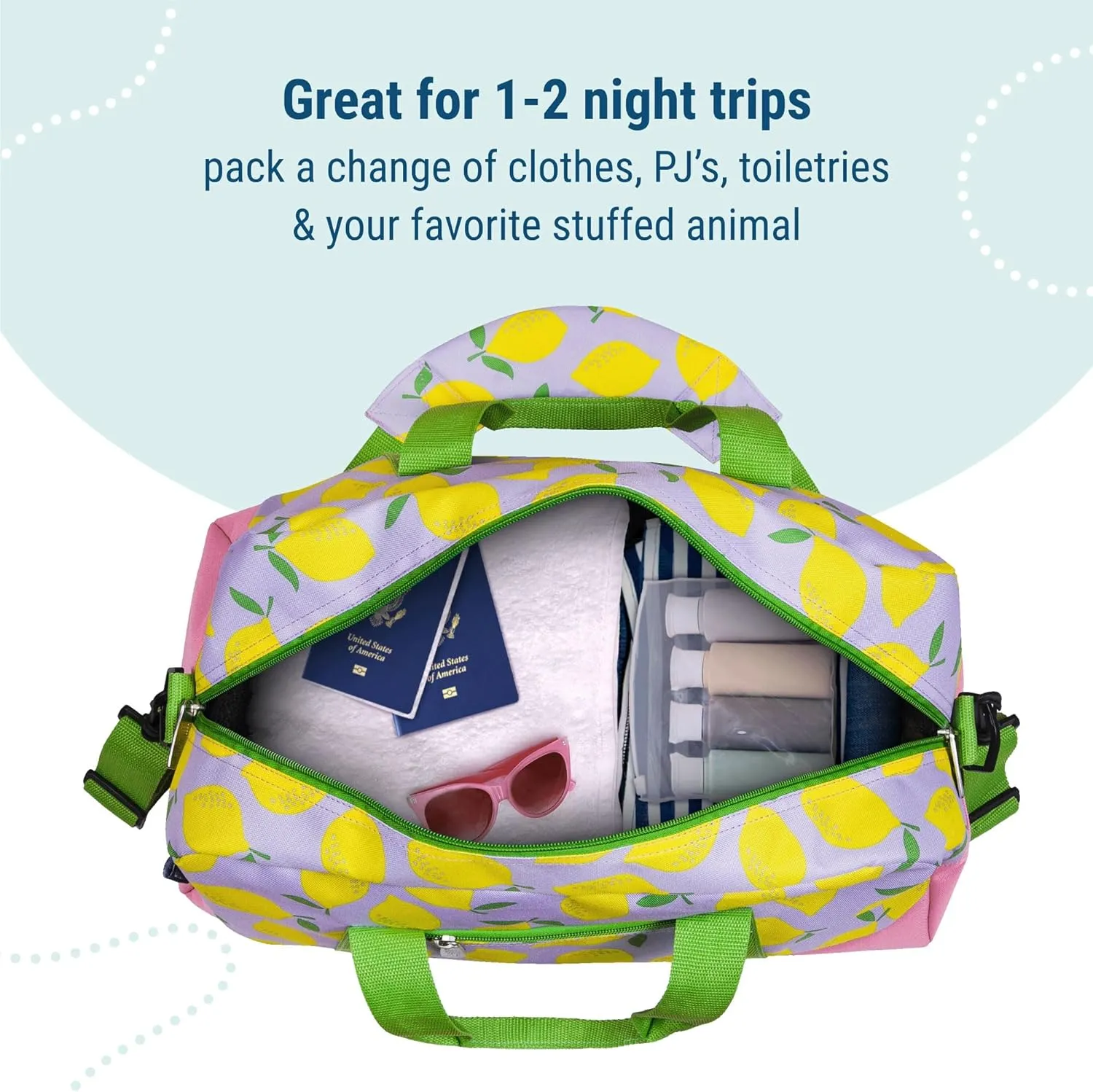 Wildkin Kids Overnighter Duffel Bag – Carry-On Size, Ideal for School & Sleepovers – Lilac Lemonade