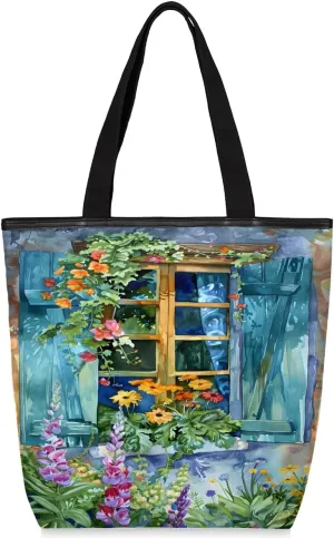 Window Flower Bush Colorful Canvas Tote Bag with Zipper Inside Pocket Foldaway Women's Shoulder Bag Reusable Grocery Shopping Gift Bags 11 * 4 * 13.6 inches for Daily Work Outdoor Travel Beach Gym