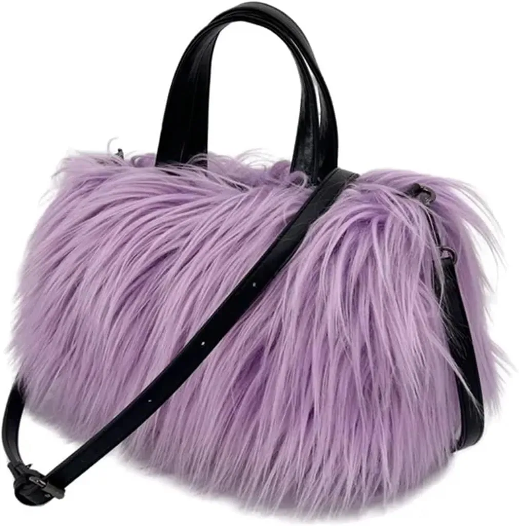 Winter Fluffy Bag Plush Shoulder Bag Warm Faux Fur Handbags for Women Large Hobo Shopper Heart Shaped Purses(Taro Purple)