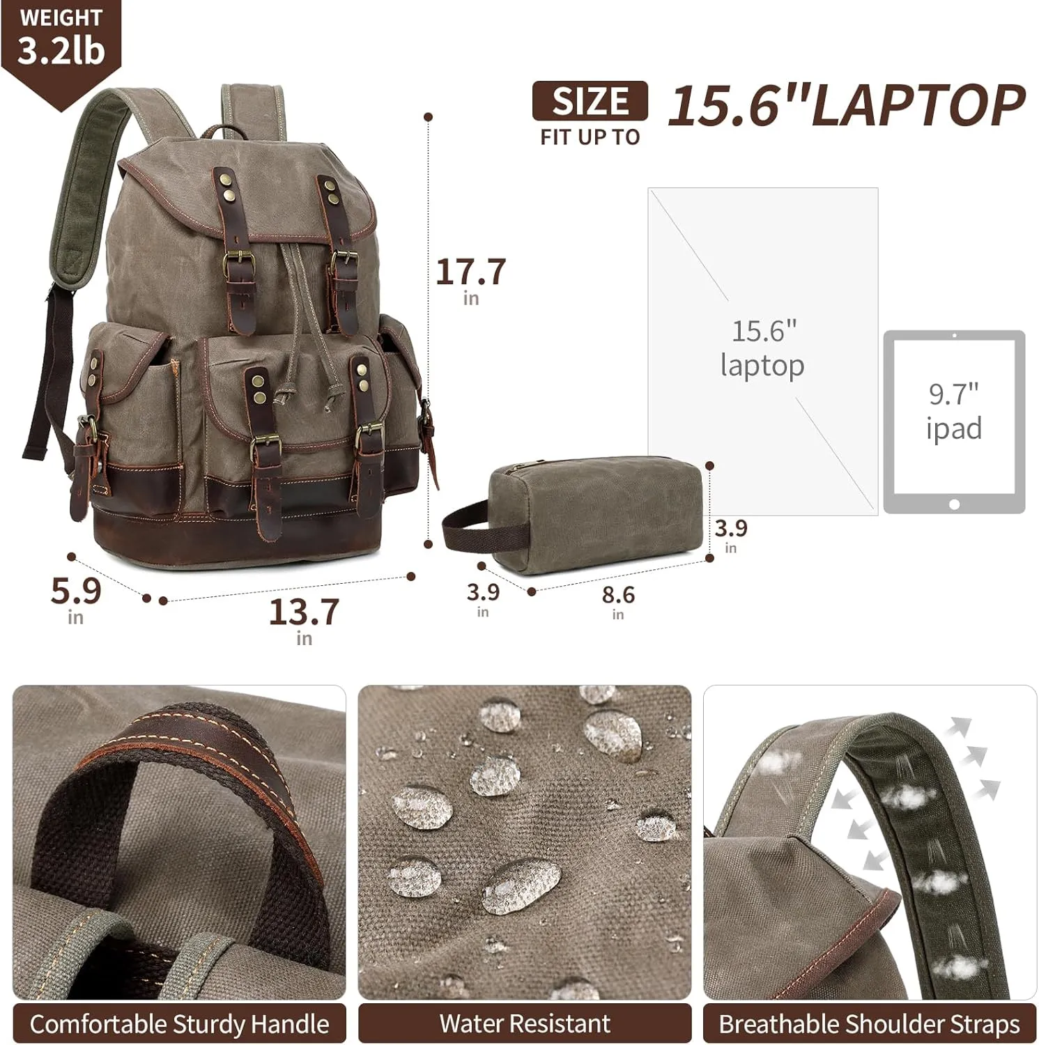 Wogarl Leather Backpack for Men, Waxed Canvas Vintage Backpack Rucksack for Business College Travel Hiking Shoulder Daypacks With Toiletry Bag(Army Green)