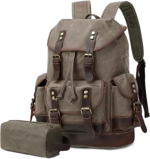 Wogarl Leather Backpack for Men, Waxed Canvas Vintage Backpack Rucksack for Business College Travel Hiking Shoulder Daypacks With Toiletry Bag(Army Green)