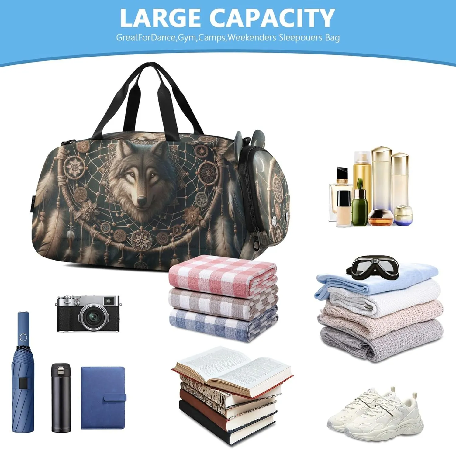 Wolf Dream Catcher Girls Duffle Bags for Travel Weekend Duffel Overnight Carry on Duffel Bag Boys Dance Duffle Bag