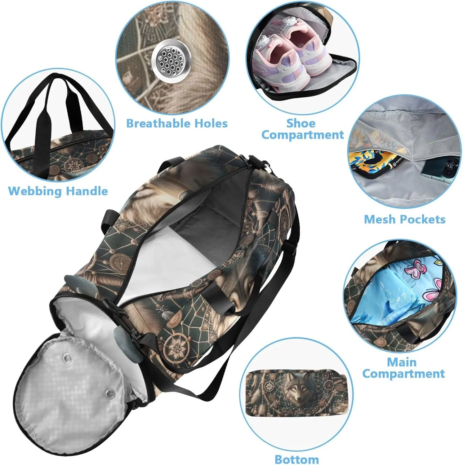 Wolf Dream Catcher Girls Duffle Bags for Travel Weekend Duffel Overnight Carry on Duffel Bag Boys Dance Duffle Bag