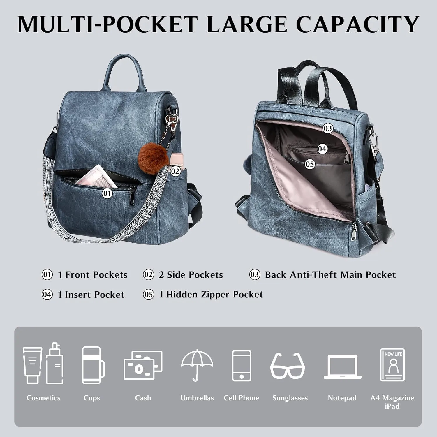Woman Backpack Purse Waterproof Lightweight PU Leather Backpack, Multipurpose Travel Shoulder Bag Handbag