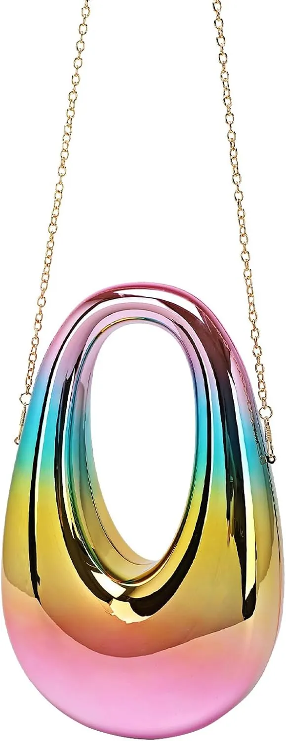 Women Acrylic Clutch Purse Egg Shape Evening Bag Metallic Top Handle Handbag Mirror Shoulder Bag for Wedding Party