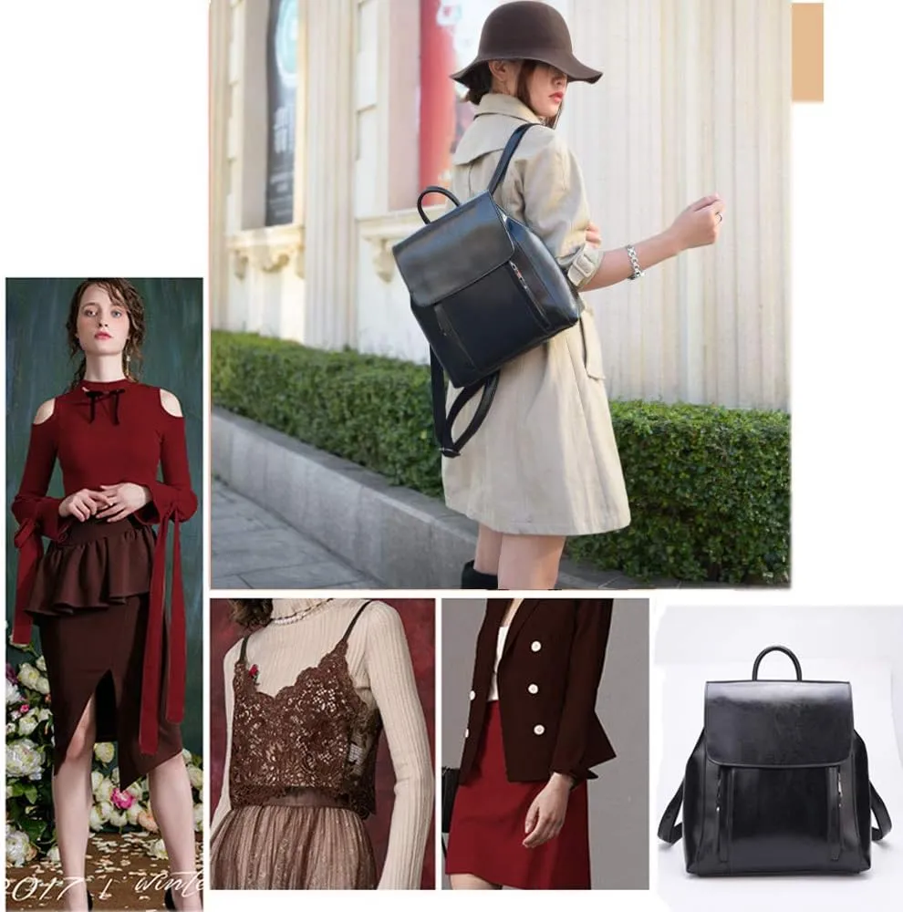 Women Backpack Purse Fashion Genuine Leather Backpack Waterproof Rucksack Anti-theft Casual Travel Bag Zipper Purse (Black)