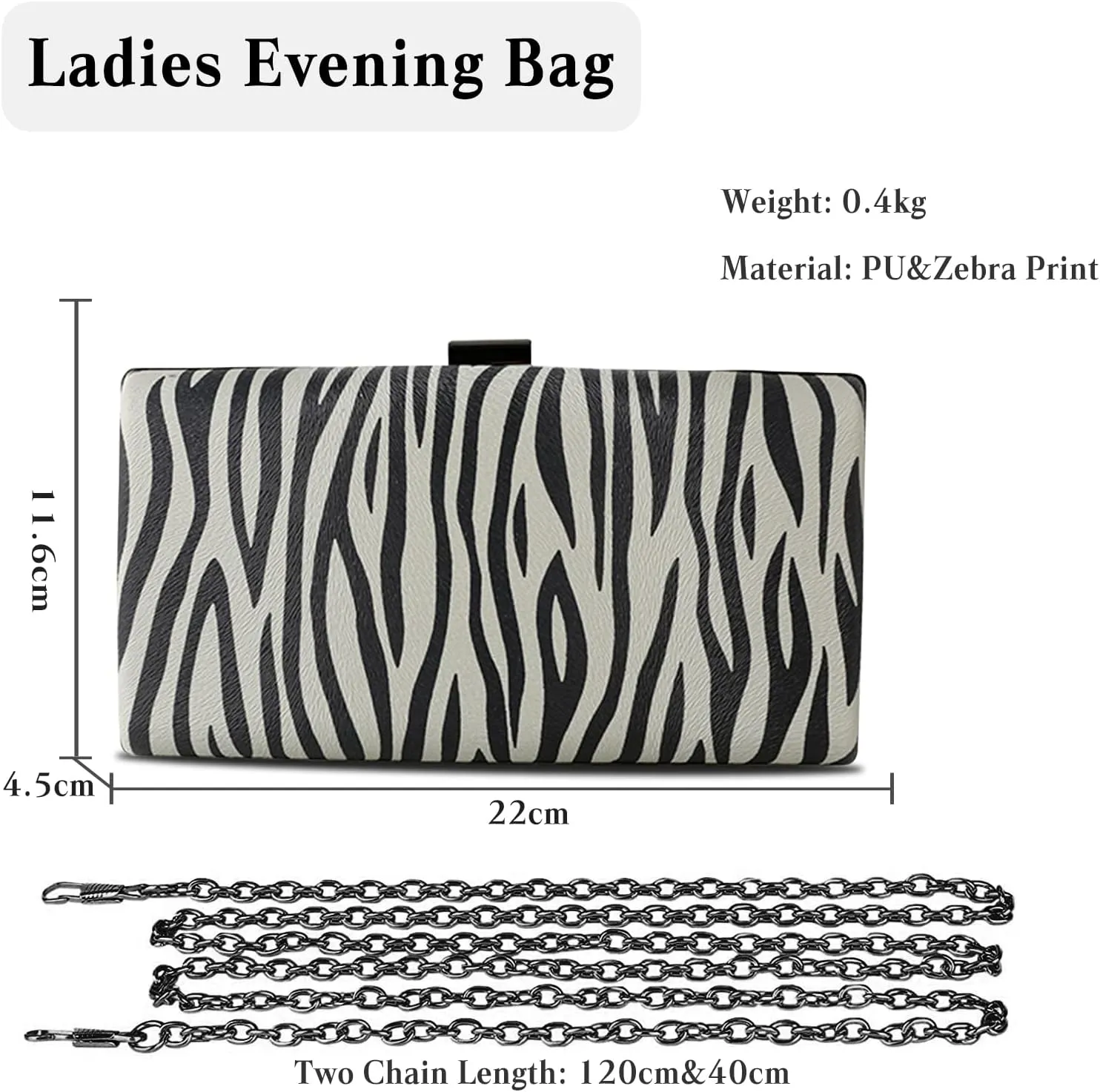 Women Clutch Bag Zebra Print Evening Bag PU Leather Handbag Shoulder Bag with Chain
