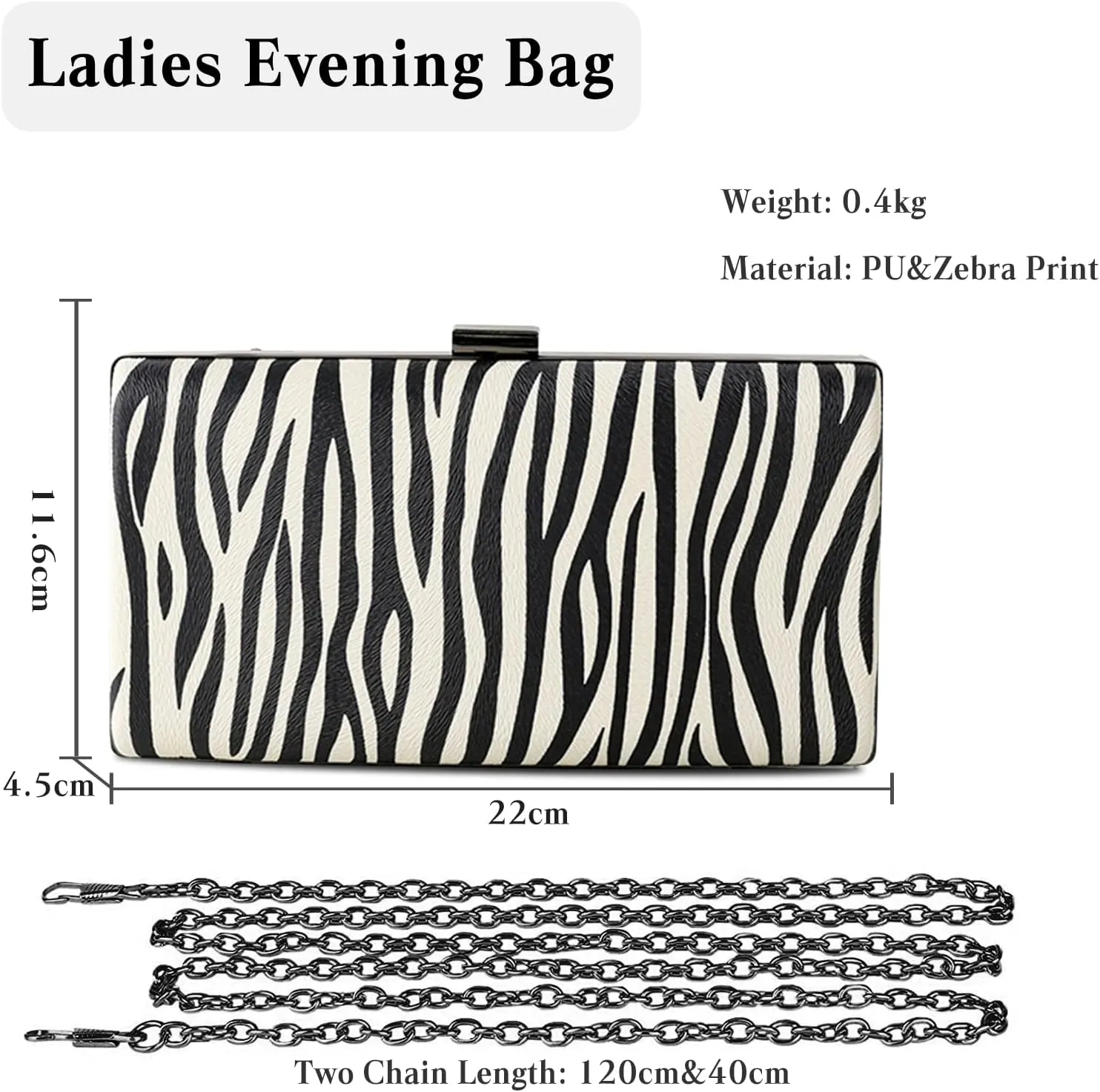 Women Clutch Bag Zebra Print Evening Bag PU Leather Handbag Shoulder Bag with Chain