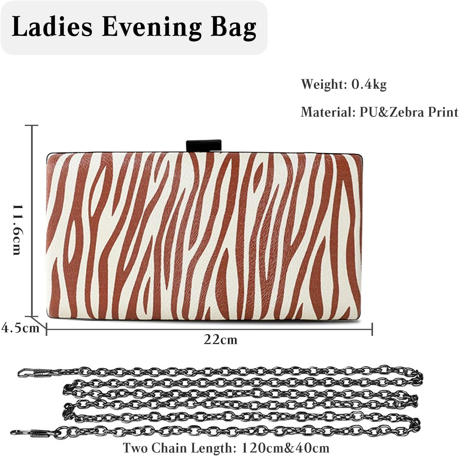 Women Clutch Bag Zebra Print Evening Bag PU Leather Handbag Shoulder Bag with Chain