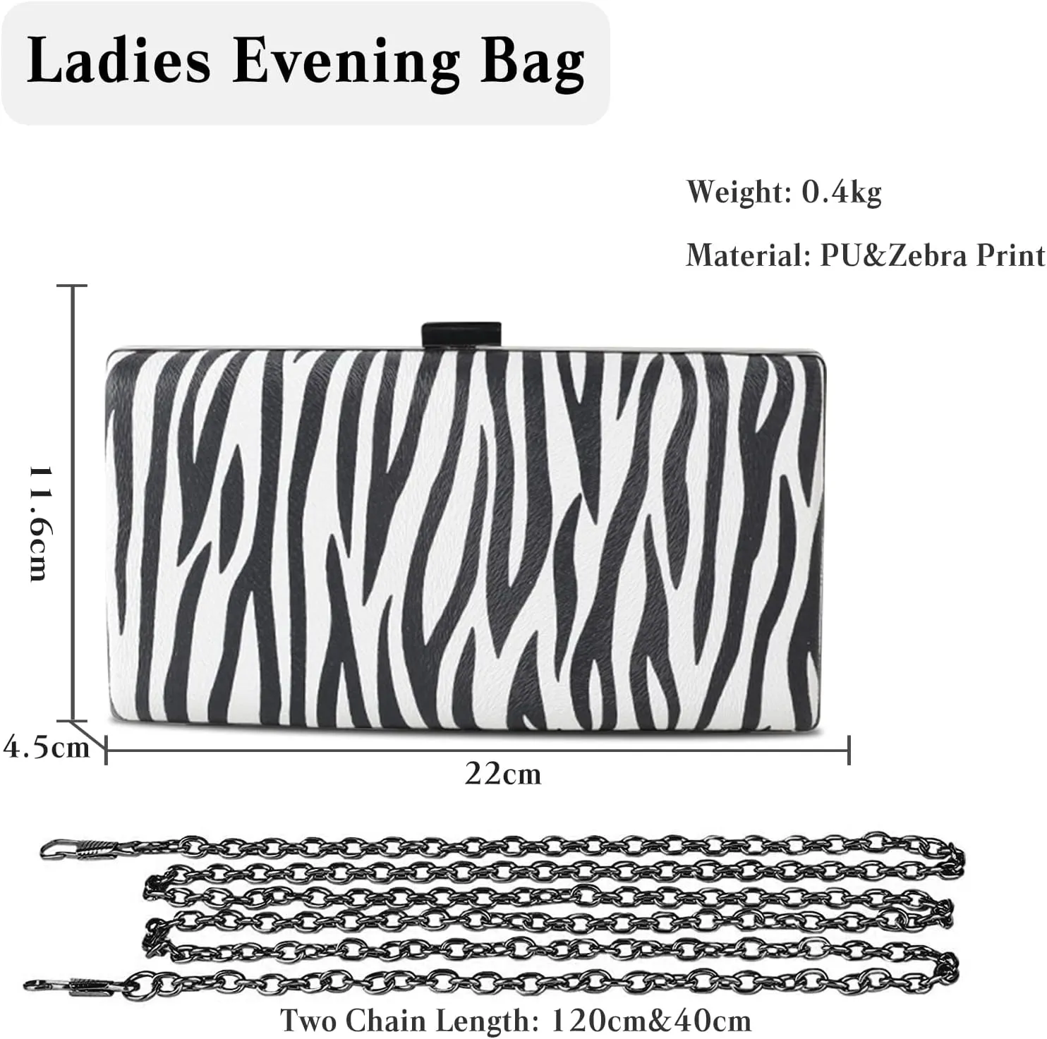 Women Clutch Bag Zebra Print Evening Bag PU Leather Handbag Shoulder Bag with Chain