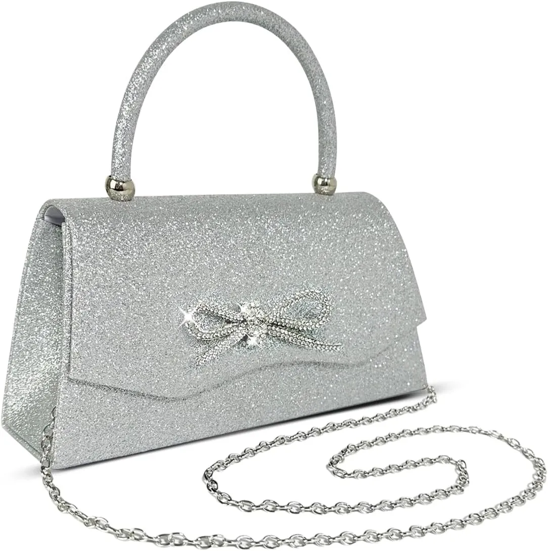 Women Clutch Purse with Glitter Sparkly Bow Detachable Chain for Wedding Cocktail Party Evening Handbags