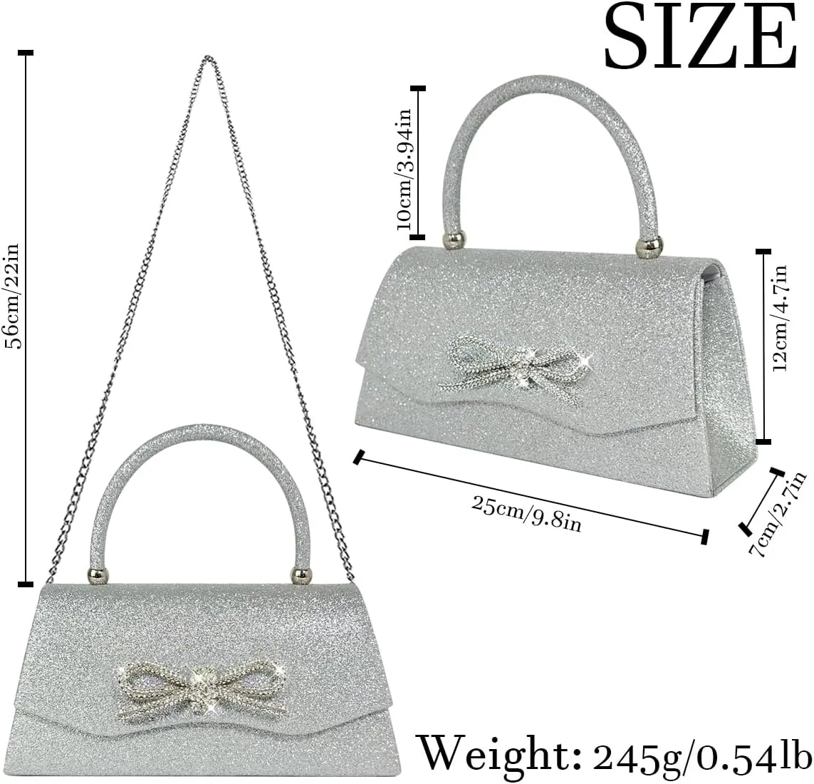 Women Clutch Purse with Glitter Sparkly Bow Detachable Chain for Wedding Cocktail Party Evening Handbags