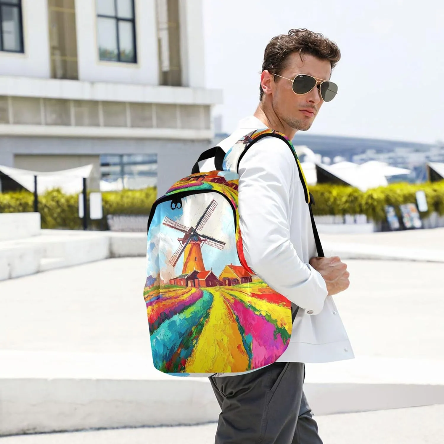 Women Cute Backpacks Casual Daypack Impressionist Painting Windmill Casual Personal Item Travel Bag
