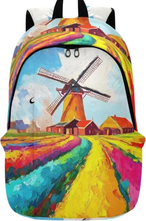 Women Cute Backpacks Casual Daypack Impressionist Painting Windmill Casual Personal Item Travel Bag