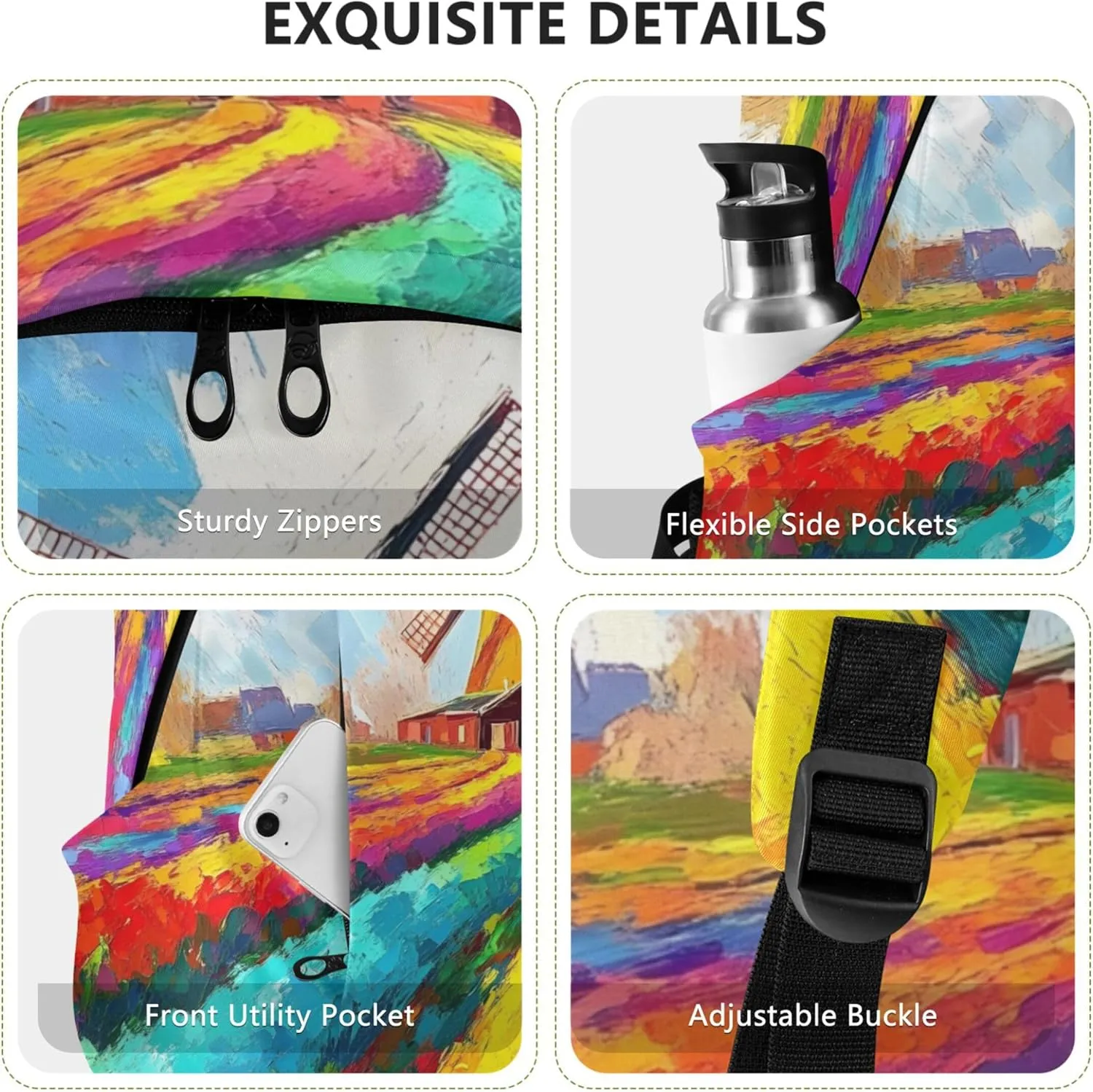 Women Cute Backpacks Casual Daypack Impressionist Painting Windmill Casual Personal Item Travel Bag