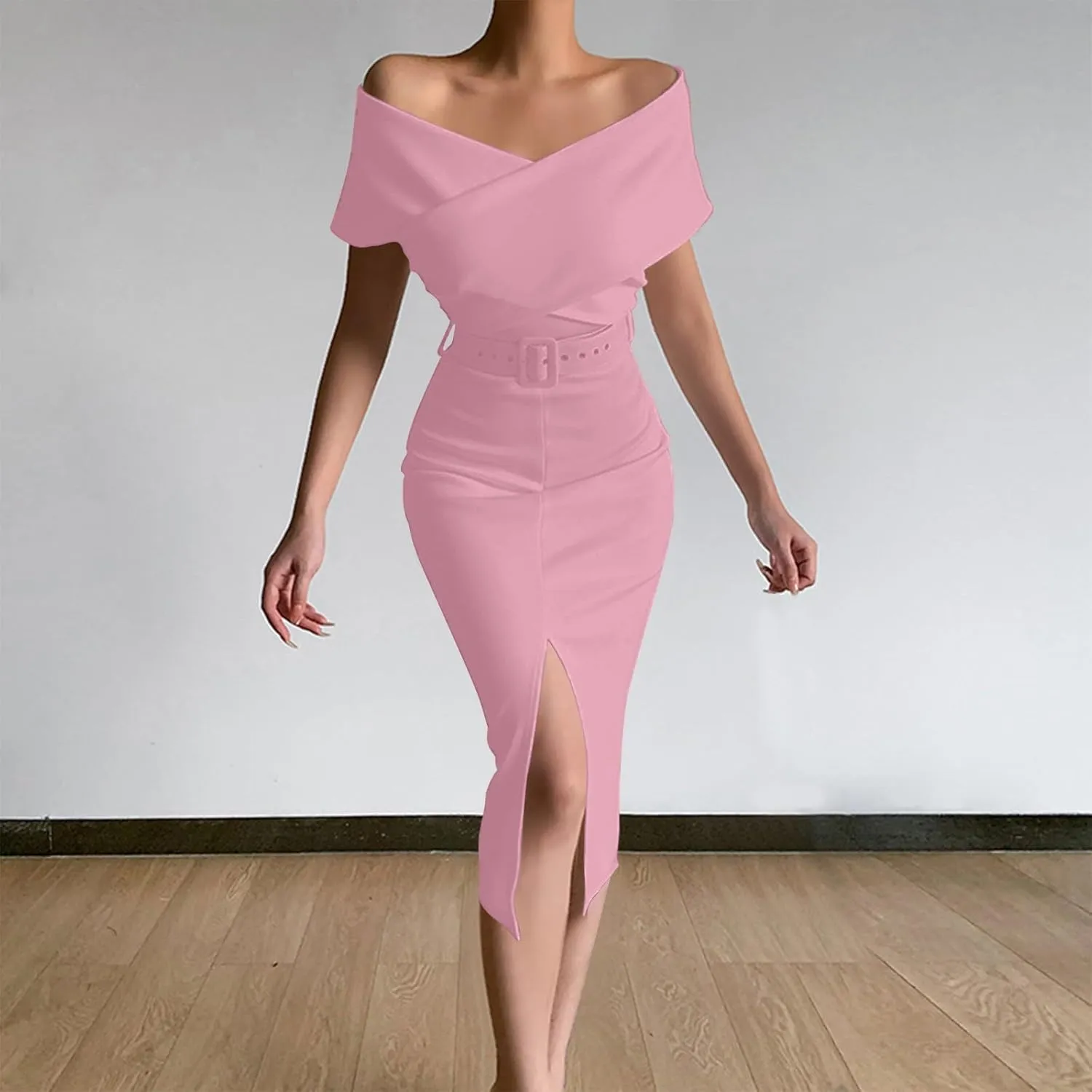 Women Elegant Cocktail Dress Off The Shoulder Backless Ruched Slit Dress Front Buckle Belted Bodycon Dresses