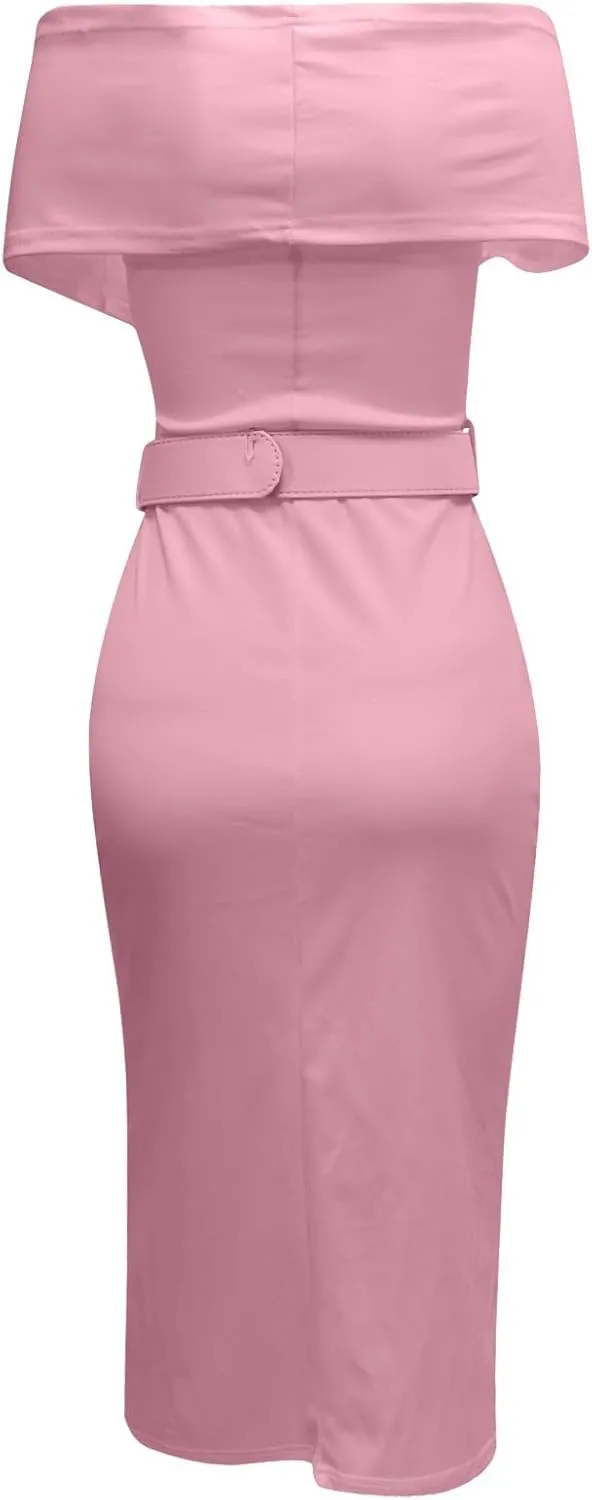 Women Elegant Cocktail Dress Off The Shoulder Backless Ruched Slit Dress Front Buckle Belted Bodycon Dresses