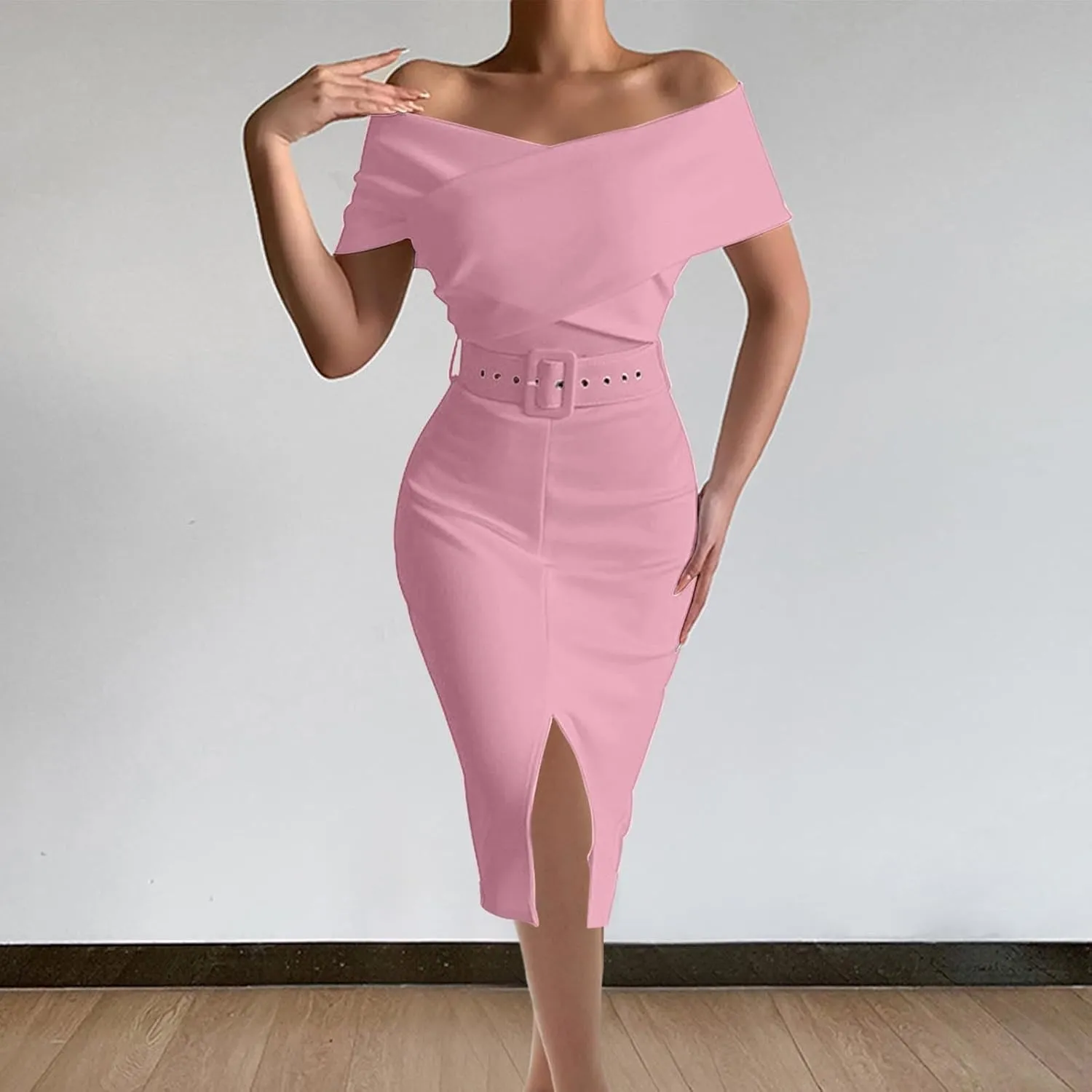 Women Elegant Cocktail Dress Off The Shoulder Backless Ruched Slit Dress Front Buckle Belted Bodycon Dresses