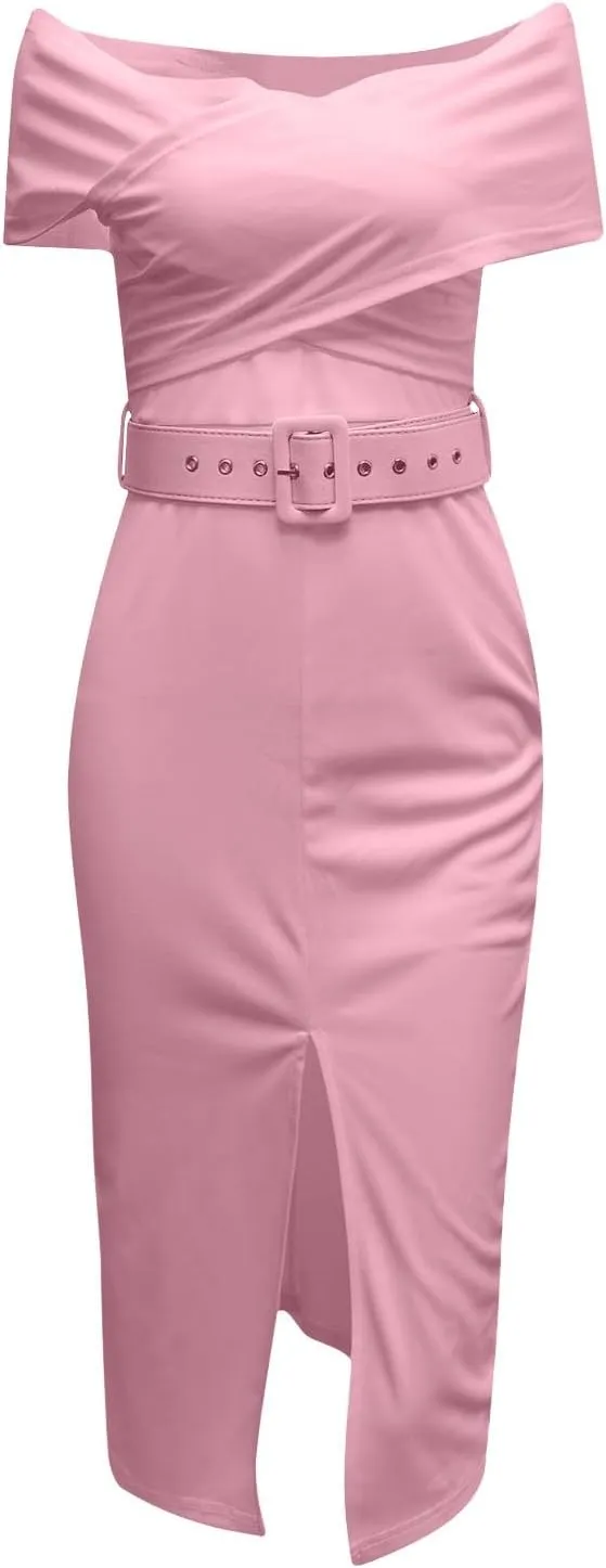 Women Elegant Cocktail Dress Off The Shoulder Backless Ruched Slit Dress Front Buckle Belted Bodycon Dresses