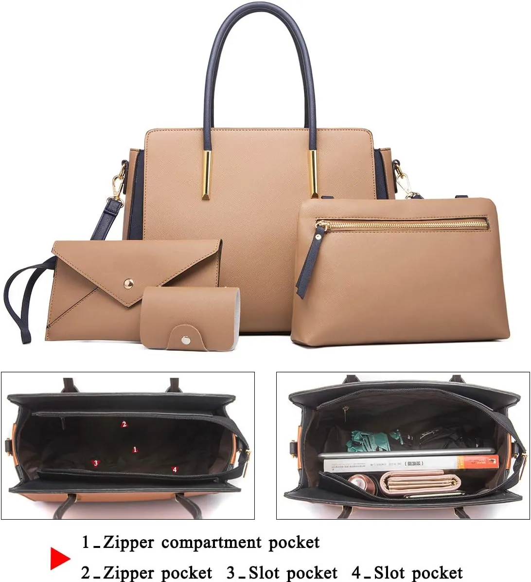 Women Fashion Handbags 4pcs Tote Bags Set Shoulder Bag Ladies Top Handle Bag Satchels Purses Crossbody Bag Clutch