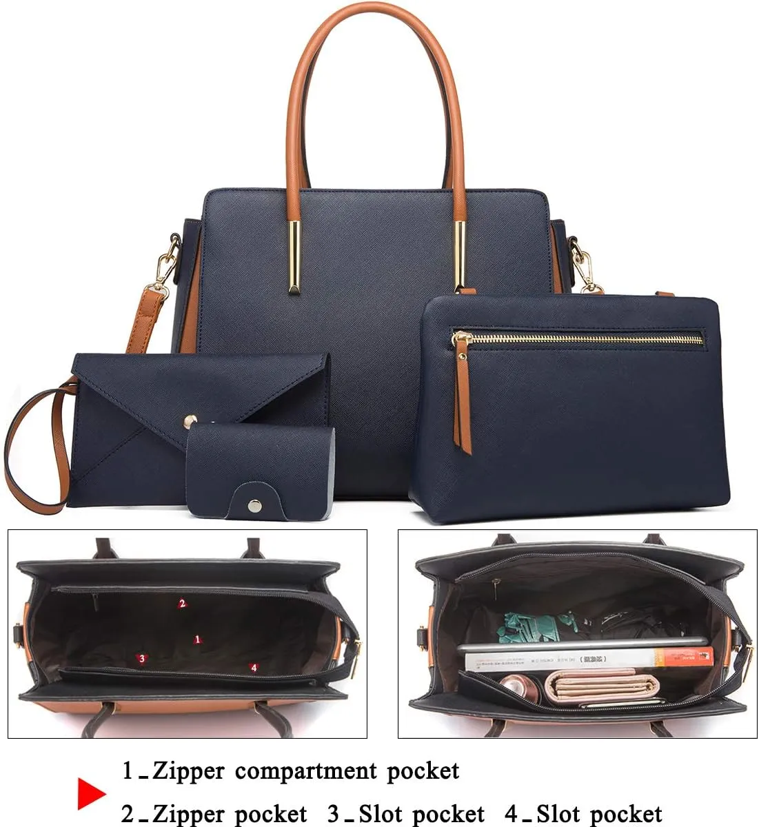 Women Fashion Handbags 4pcs Tote Bags Set Shoulder Bag Ladies Top Handle Bag Satchels Purses Crossbody Bag Clutch