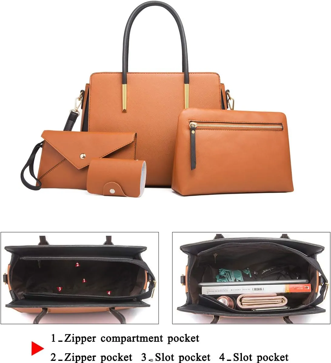 Women Fashion Handbags 4pcs Tote Bags Set Shoulder Bag Ladies Top Handle Bag Satchels Purses Crossbody Bag Clutch