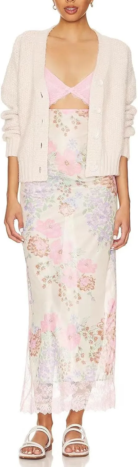 Women Floral Lace Patchwork Maxi Dress Sexy Backless Spaghetti Strap Cutout Long Dress High Split Wrap Sling Dress