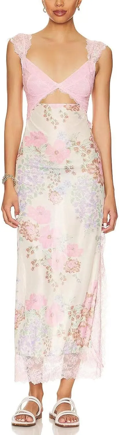 Women Floral Lace Patchwork Maxi Dress Sexy Backless Spaghetti Strap Cutout Long Dress High Split Wrap Sling Dress