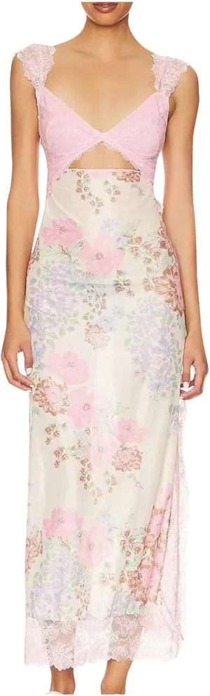 Women Floral Lace Patchwork Maxi Dress Sexy Backless Spaghetti Strap Cutout Long Dress High Split Wrap Sling Dress