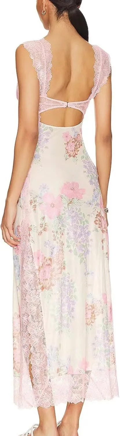 Women Floral Lace Patchwork Maxi Dress Sexy Backless Spaghetti Strap Cutout Long Dress High Split Wrap Sling Dress