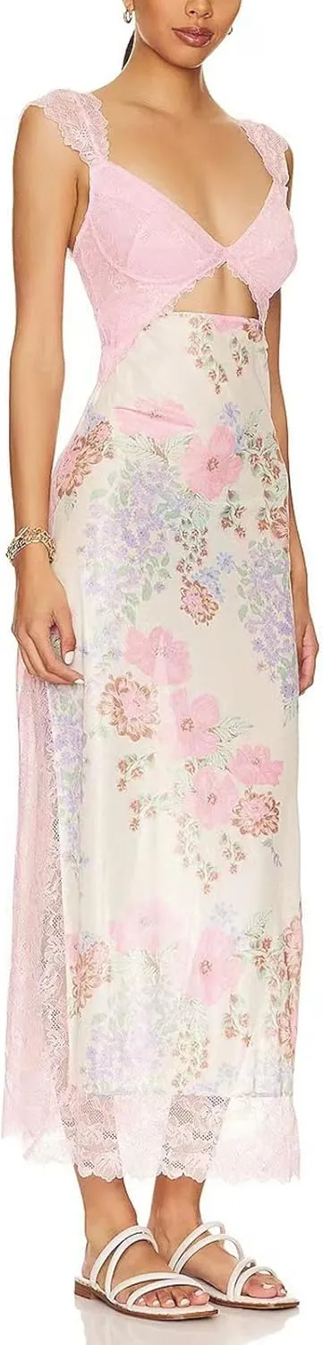 Women Floral Lace Patchwork Maxi Dress Sexy Backless Spaghetti Strap Cutout Long Dress High Split Wrap Sling Dress
