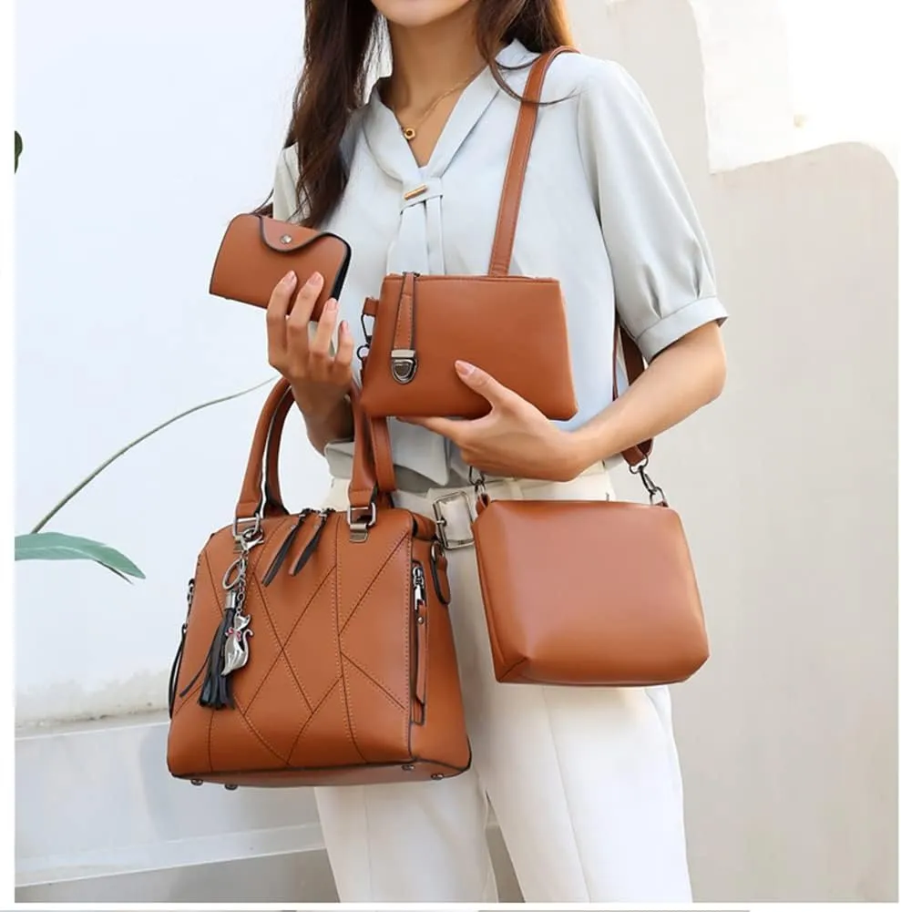 Women Handbags Purses Set 4pcs Leather Shoulder Top Handle Satchels with Pendant