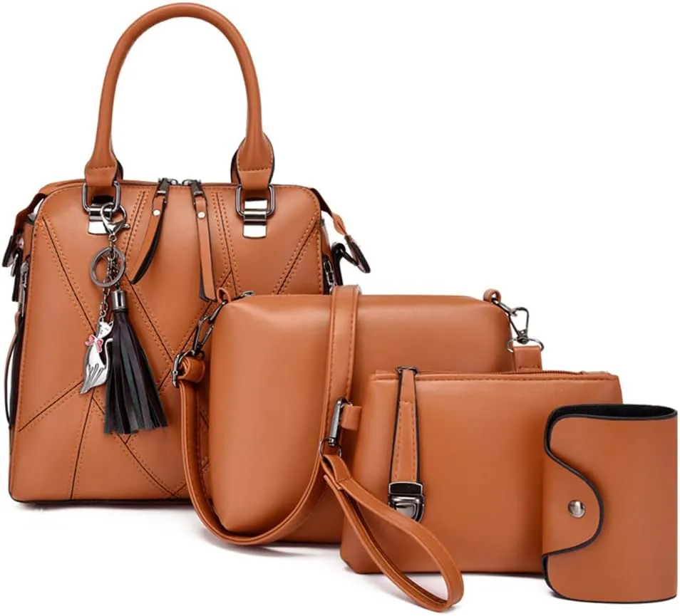 Women Handbags Purses Set 4pcs Leather Shoulder Top Handle Satchels with Pendant