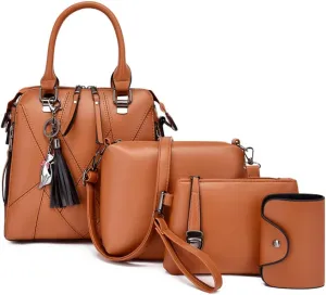 Women Handbags Purses Set 4pcs Leather Shoulder Top Handle Satchels with Pendant