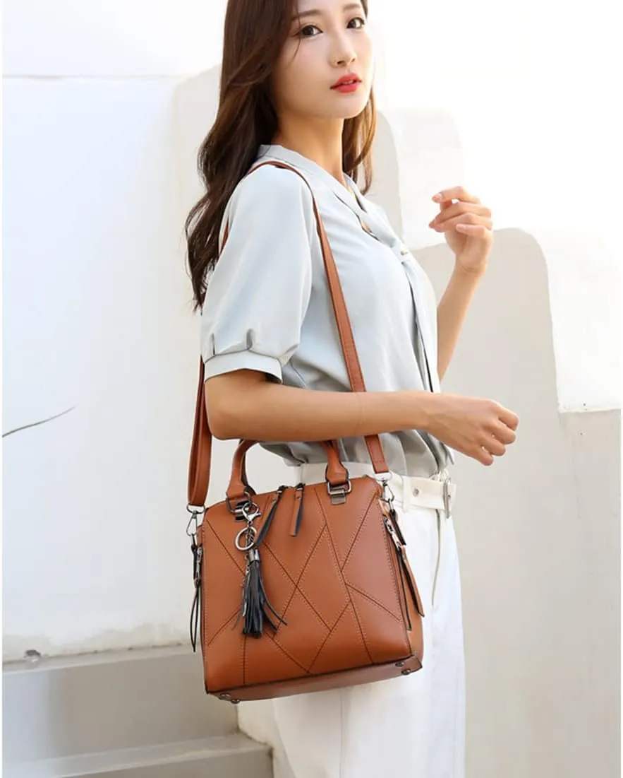 Women Handbags Purses Set 4pcs Leather Shoulder Top Handle Satchels with Pendant