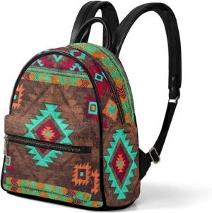 Women Mini Pu Leather Backpack Tribal Aztec Stripe Ethnic Southwest Pattern Casual Daypacks Ladies Travel Shoulder Bags with Side Pockets