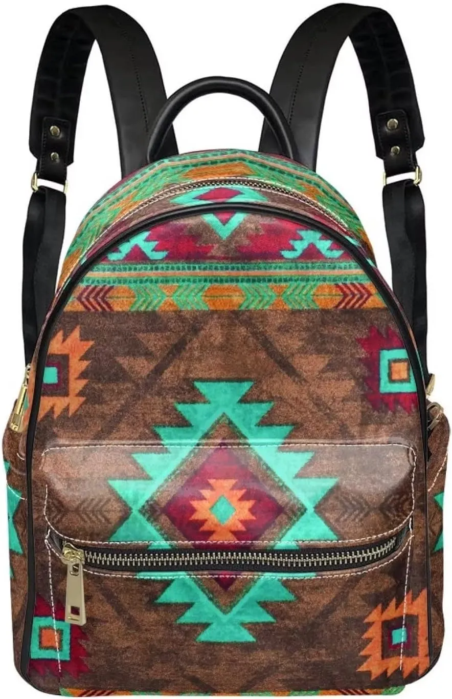 Women Mini Pu Leather Backpack Tribal Aztec Stripe Ethnic Southwest Pattern Casual Daypacks Ladies Travel Shoulder Bags with Side Pockets