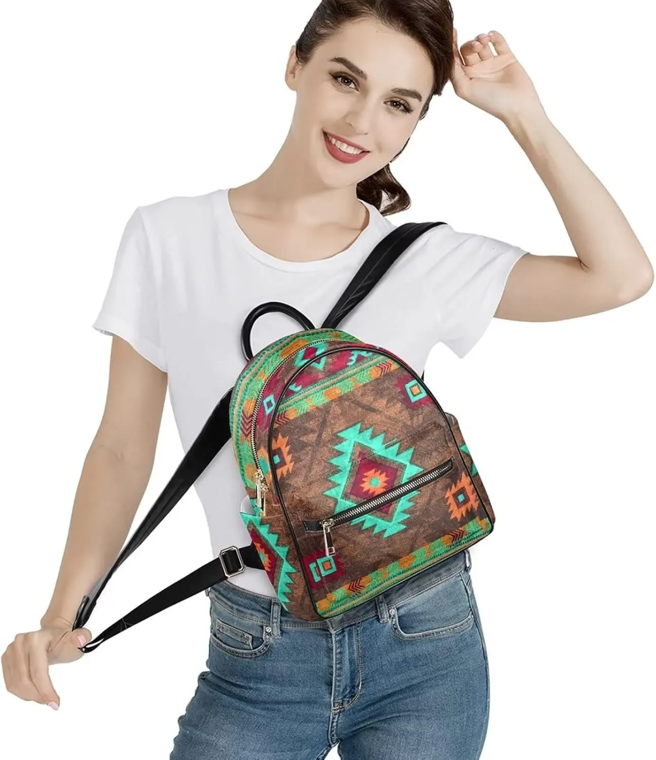 Women Mini Pu Leather Backpack Tribal Aztec Stripe Ethnic Southwest Pattern Casual Daypacks Ladies Travel Shoulder Bags with Side Pockets