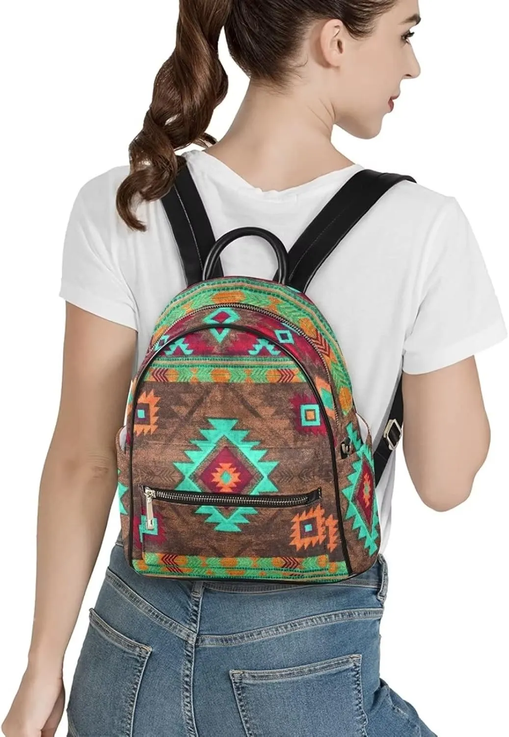 Women Mini Pu Leather Backpack Tribal Aztec Stripe Ethnic Southwest Pattern Casual Daypacks Ladies Travel Shoulder Bags with Side Pockets