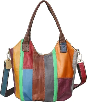 Women Multicolor Handbag Leather Shoulder Purse Random Stitching Color Satchels, One Color, One Size