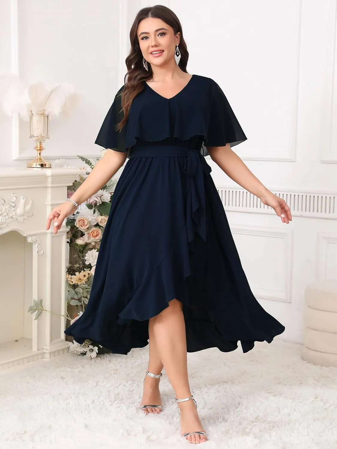 Women Plus Size Long Formal Dress Short Sleeve Chiffon Ruffle V Neck High Low Split Wedding Guest Maxi Dresses