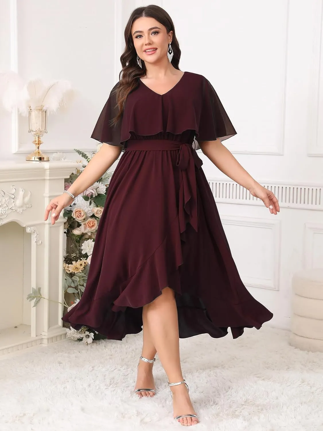 Women Plus Size Long Formal Dress Short Sleeve Chiffon Ruffle V Neck High Low Split Wedding Guest Maxi Dresses