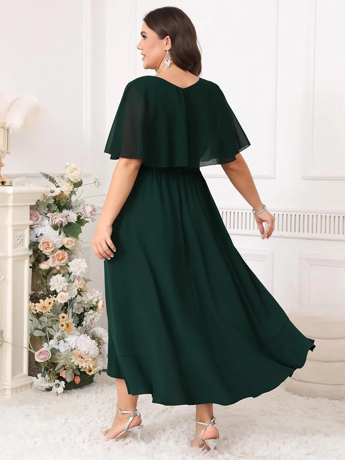 Women Plus Size Long Formal Dress Short Sleeve Chiffon Ruffle V Neck High Low Split Wedding Guest Maxi Dresses