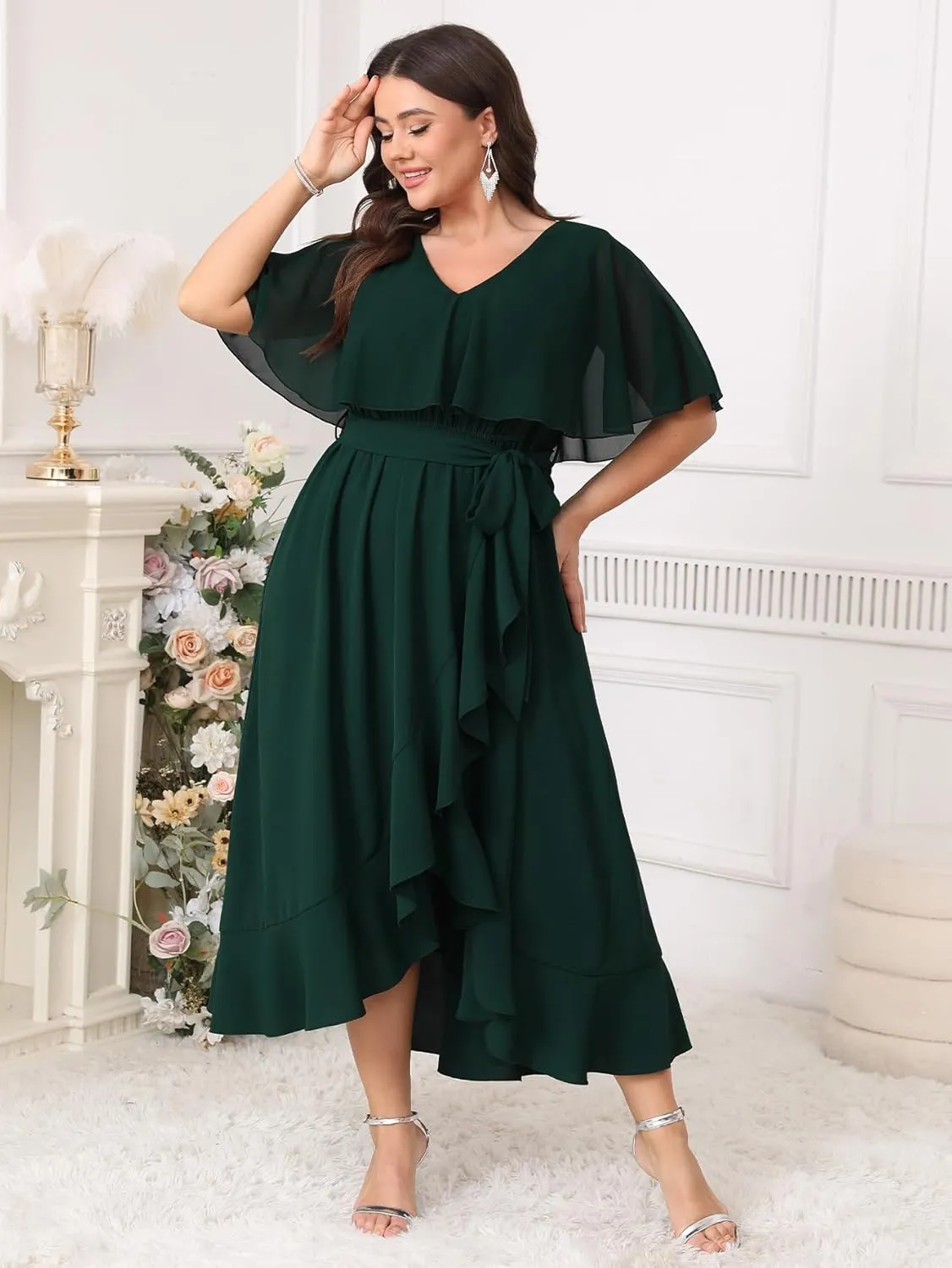 Women Plus Size Long Formal Dress Short Sleeve Chiffon Ruffle V Neck High Low Split Wedding Guest Maxi Dresses
