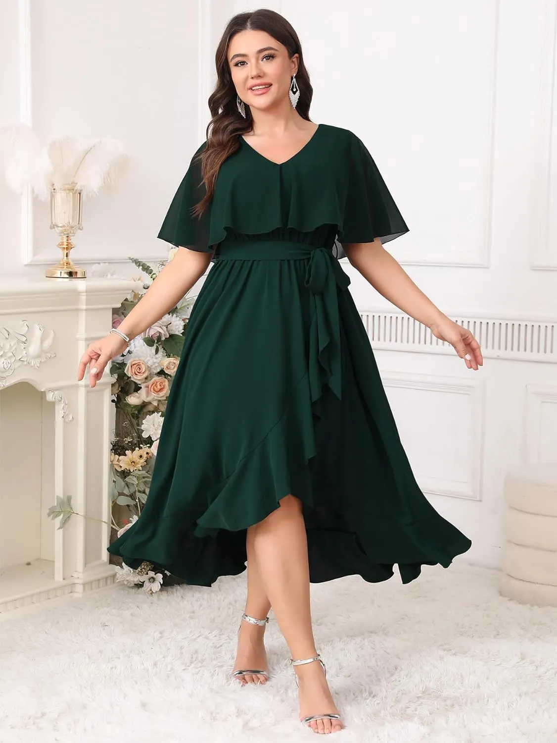 Women Plus Size Long Formal Dress Short Sleeve Chiffon Ruffle V Neck High Low Split Wedding Guest Maxi Dresses
