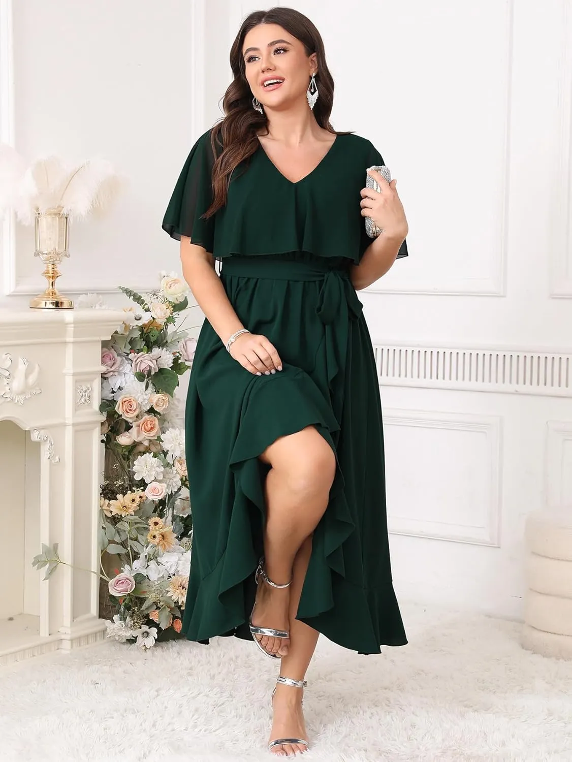 Women Plus Size Long Formal Dress Short Sleeve Chiffon Ruffle V Neck High Low Split Wedding Guest Maxi Dresses