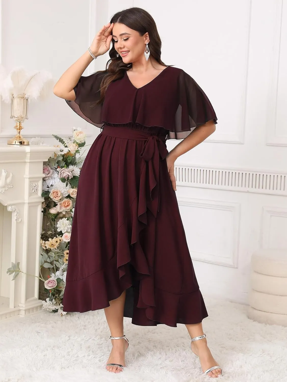 Women Plus Size Long Formal Dress Short Sleeve Chiffon Ruffle V Neck High Low Split Wedding Guest Maxi Dresses