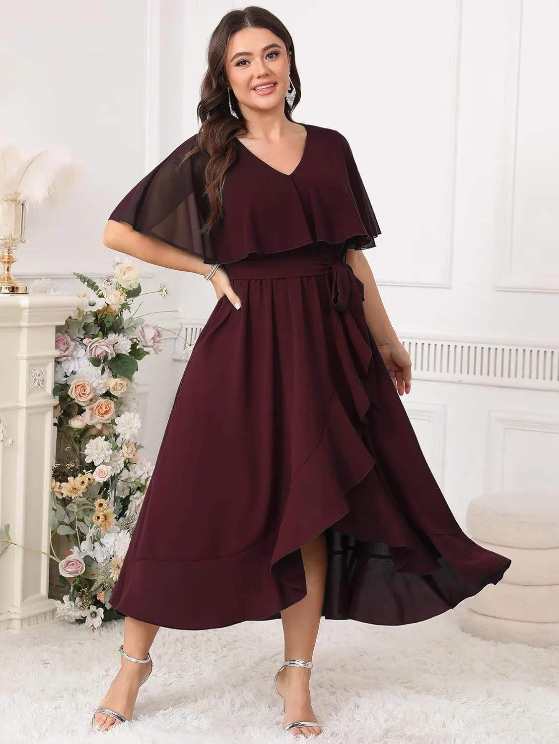 Women Plus Size Long Formal Dress Short Sleeve Chiffon Ruffle V Neck High Low Split Wedding Guest Maxi Dresses