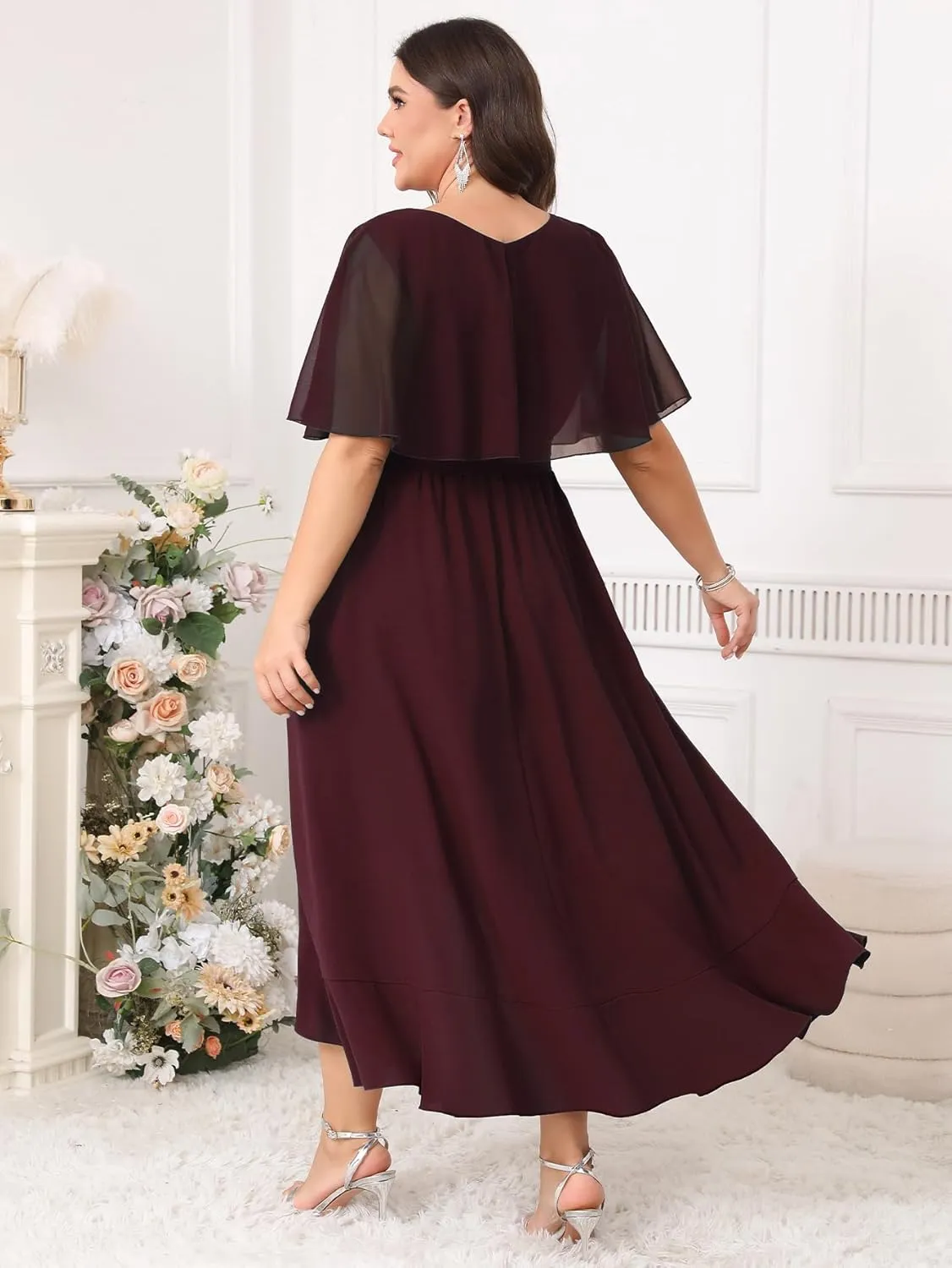 Women Plus Size Long Formal Dress Short Sleeve Chiffon Ruffle V Neck High Low Split Wedding Guest Maxi Dresses